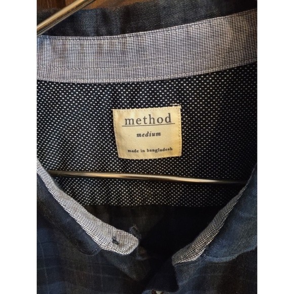 Method Shirt Mens medium button long sleeve plaid black blue twill lightweight - Picture 2 of 7